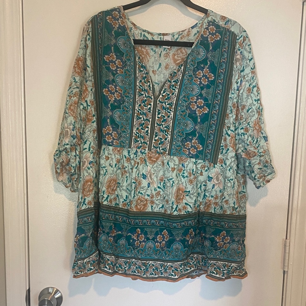 Elegant Floral Women's Blouse in Teal and Brown